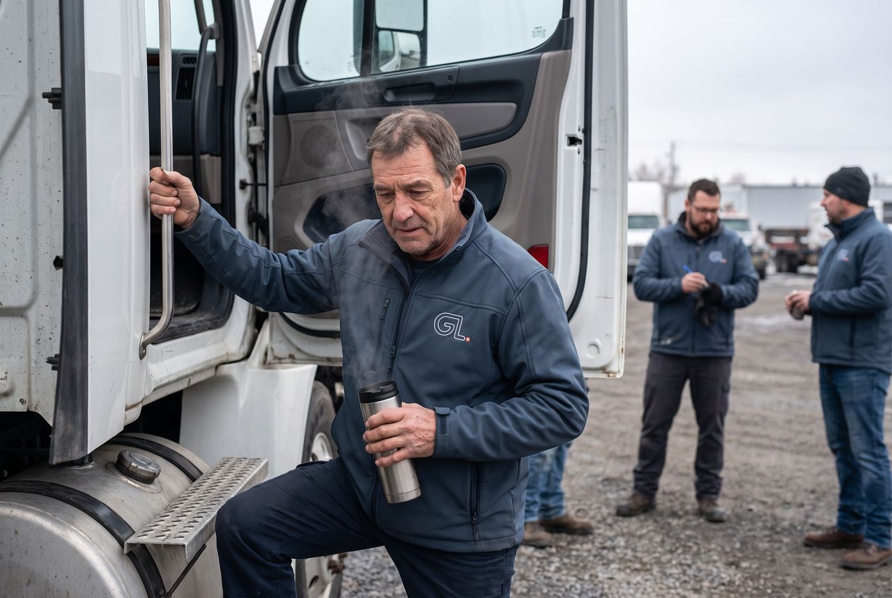 Chauffeur qui descend de la cabine d'un tracteur blanc, thermos à la main, à la cour tôt le matin